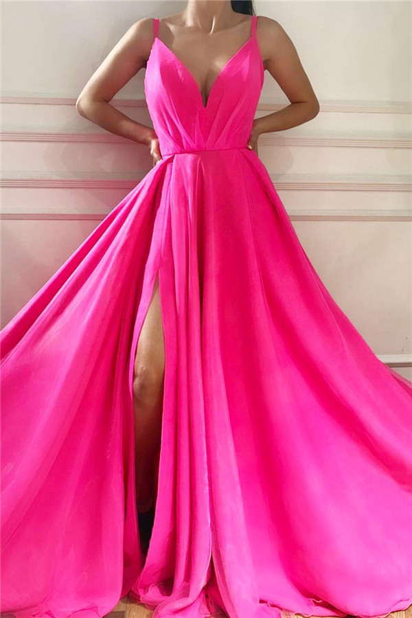 Vestido de fiesta largo sin mangas con tirantes de espagueti sexy | Vestido de fiesta largo rosa con cuello en V y abertura frontal asequible