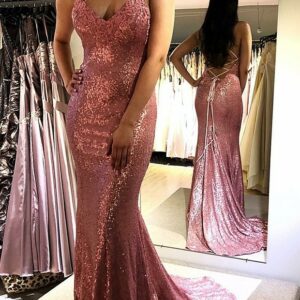 2021 Hot Sell Spaghetti Strap Sleeveless Mermaid Evening Dress | V-Neck Sequins Pink Prom Gown On Sale_Prom Dresses_Prom &amp; Evening_High Qualit