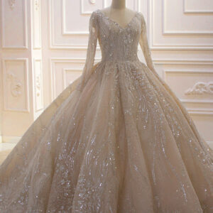 Sparkle Lace Long Sleeves Champange Vestido de novia con corsé de lujo