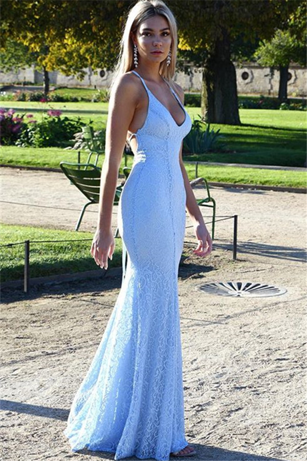 Sexy vestido de noche de encaje con espalda abierta Barato 2021 | Vestido de noche de sirena correas espaguetis azul bebé Fomral