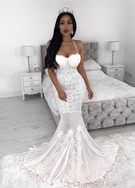 Apliques de encaje blanco vestido de novia con correa de espagueti | Vestido de novia 2021