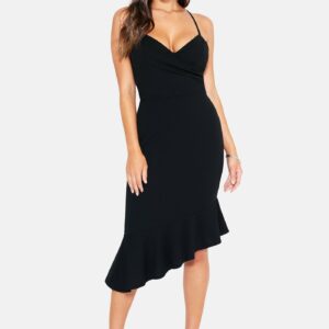 Bebe Women's Angled Flounce Midi Dress, Size XL in Black Polyester