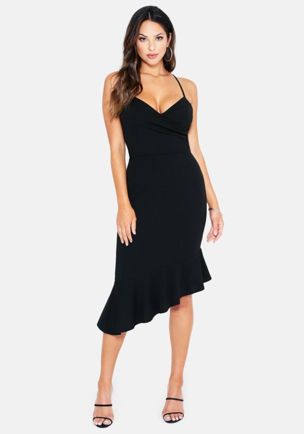 Bebe Women's Angled Flounce Midi Dress, Size XL in Black Polyester