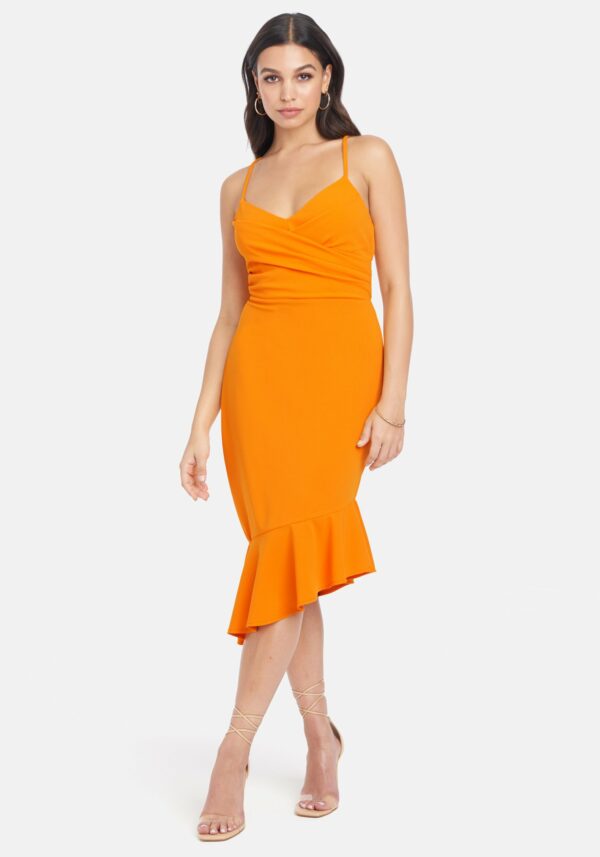 Bebe Women's Angled Flounce Midi Dress, Size XS in Mustard Polyester