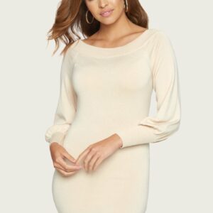 Bebe Women's Off Shoulder Sweater Dress, Size Medium in Sandshell Viscose/Nylon