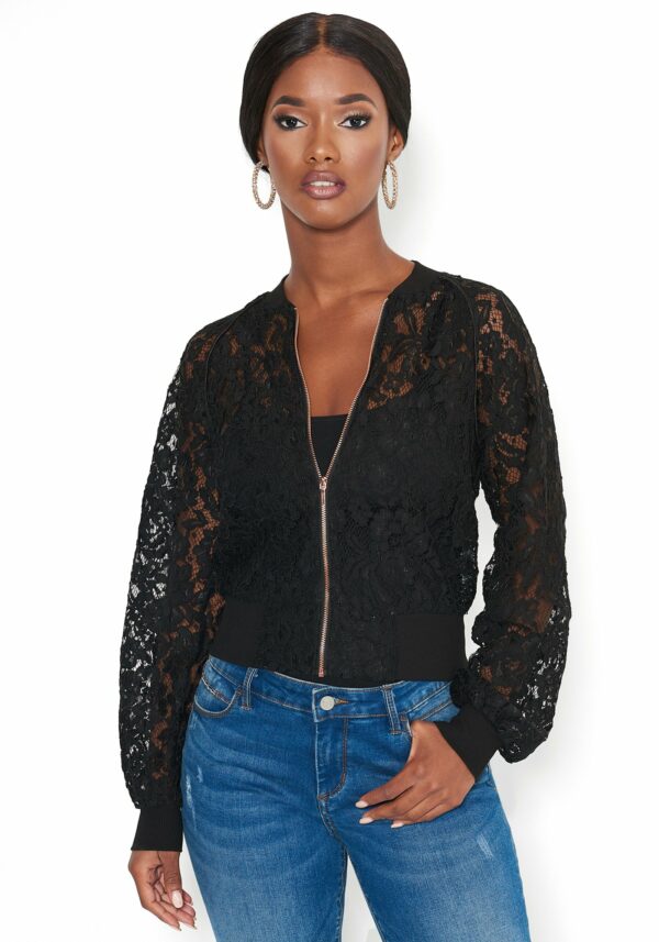 Bebe Women's Lace Bomber Jacket, Size Large in Black Polyester
