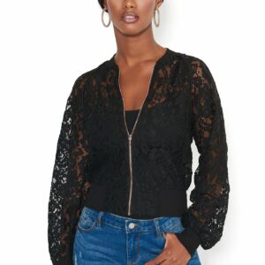 Bebe Women's Lace Bomber Jacket, Size Medium in Black Polyester