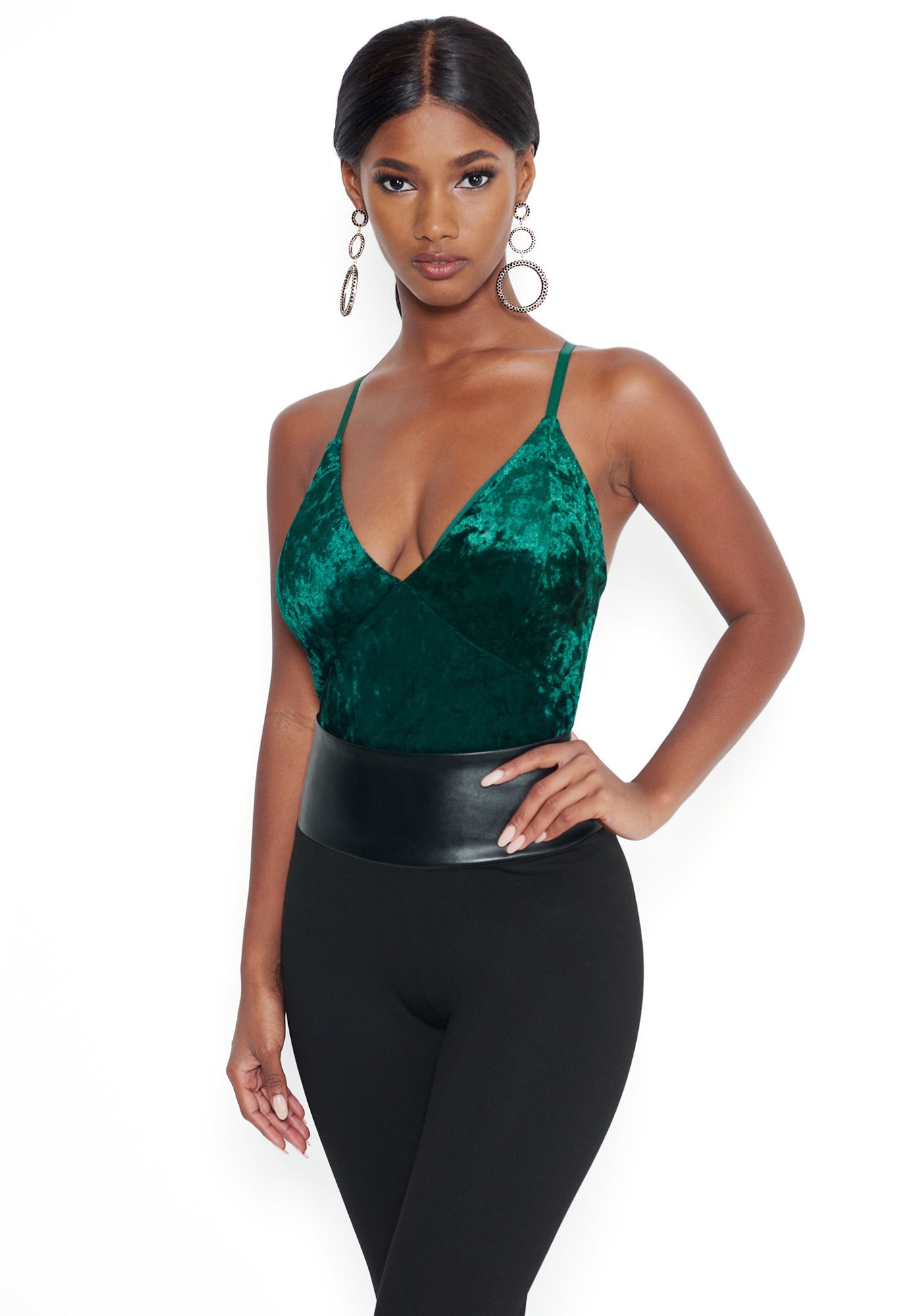 Bebe Women's Crushed Velvet Plunge Bodysuit, Size XXS in Scarab