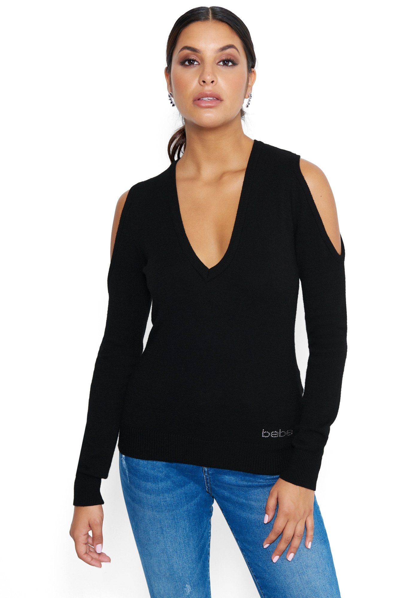 Bebe Women's Open Back Sweater, Size Medium in Black Silk/Viscose/Nylon
