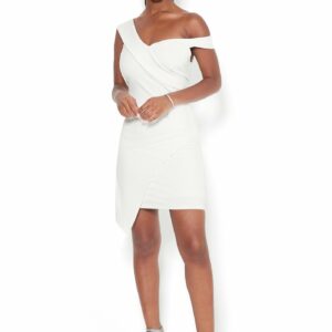 Bebe Women's Asymmetric Mini Dress, Size Medium in Egret Nylon/Spandex