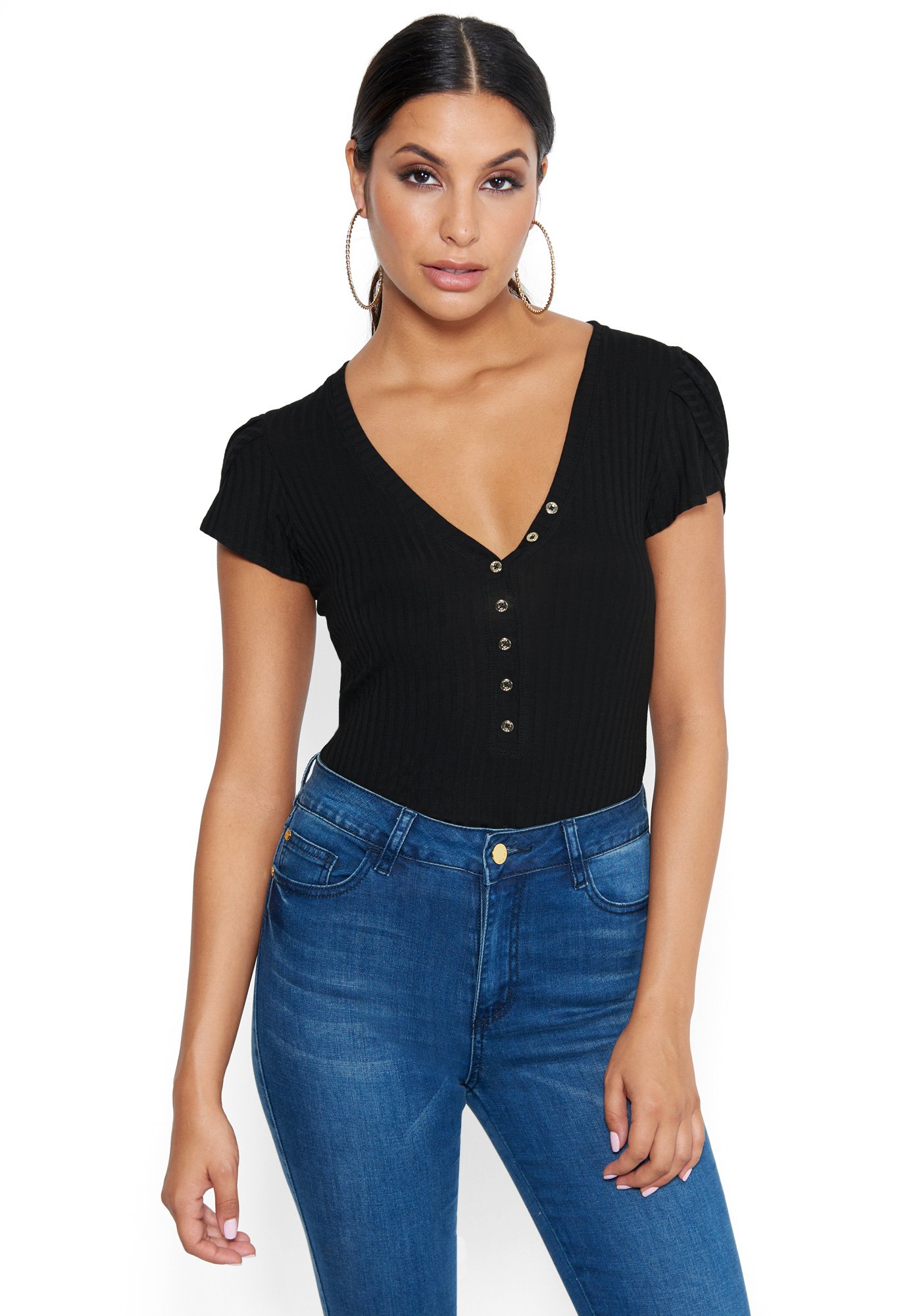 Bebe Women's Button Detail Bodysuit, Size XL in Black