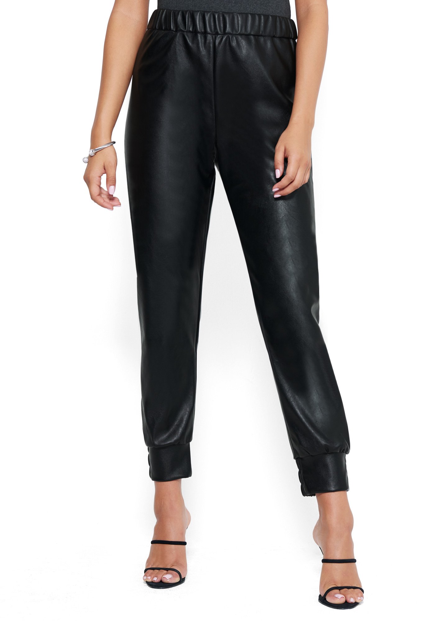 Bebe Women's Faux Leather Jogger Pant, Size XL in Black Polyurethane