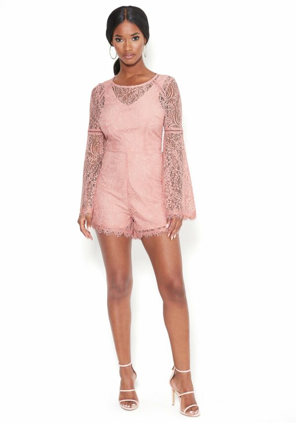 Bebe Women's Lace Flare Sleeve Romper, Size 8 in Mitsy Rose Polyester