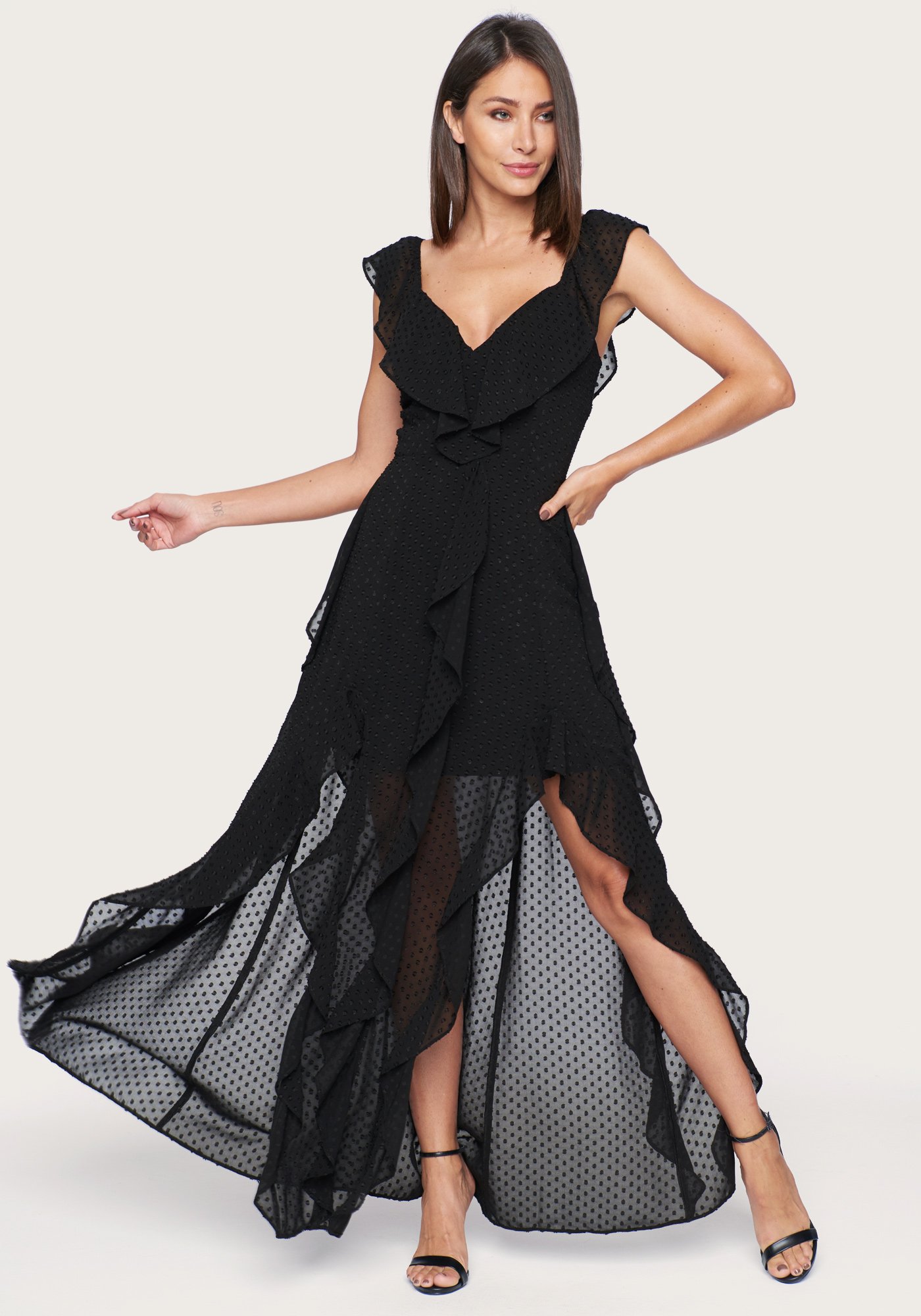 Bebe Women's Ruffled Maxi Dress, Size 0 in Black Spandex