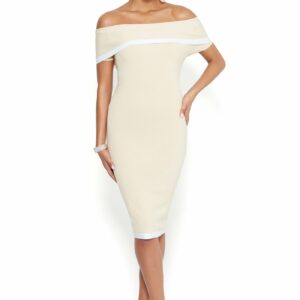 Bebe Women's Off Shoulder Sweater Dress, Size Medium in Sandshell Spandex