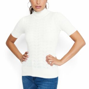 Bebe Women's Puff Sleeve Turtleneck Sweater, Size Large in Egret Viscose/Nylon