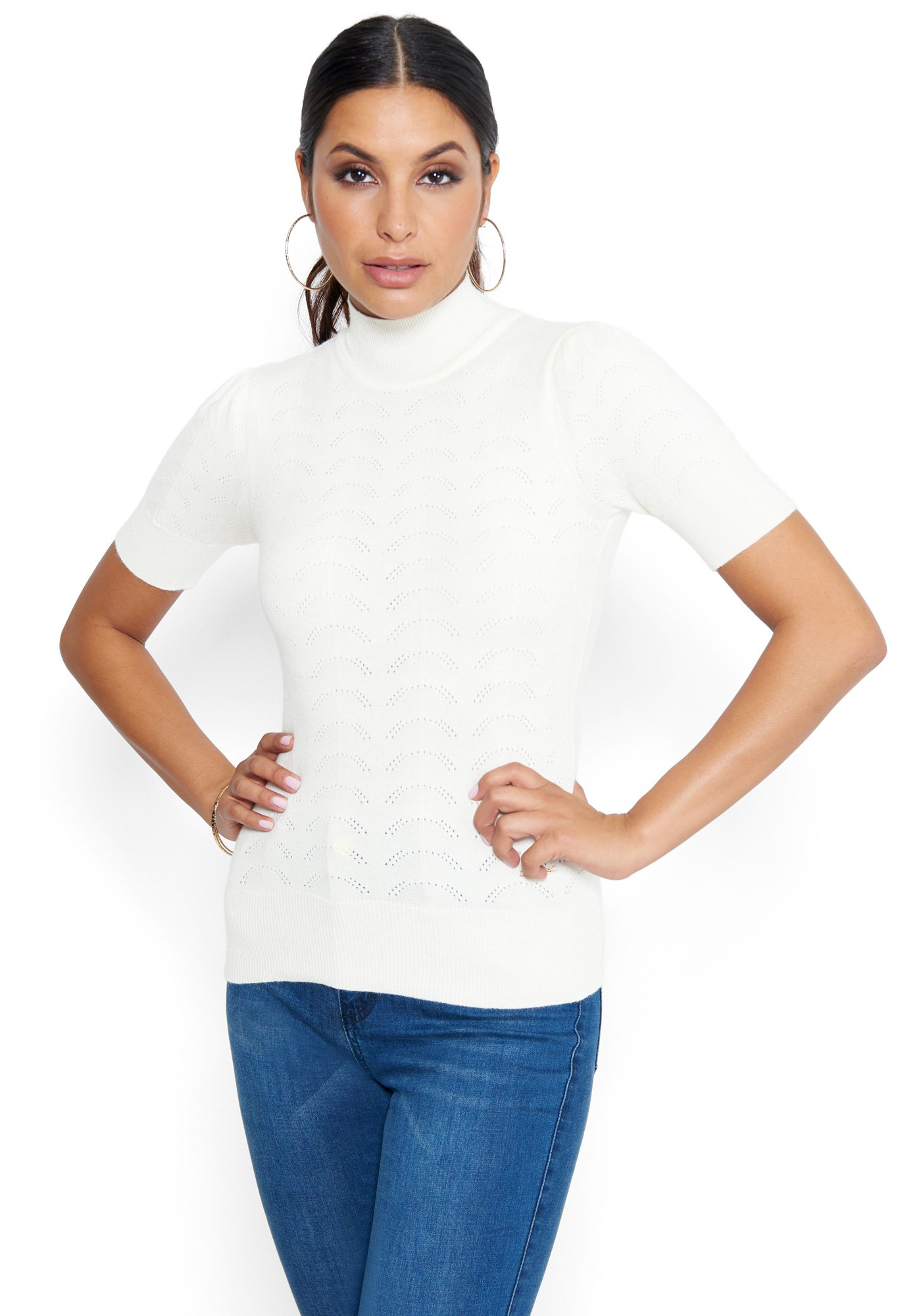 Bebe Women's Puff Sleeve Turtleneck Sweater, Size Small in Egret Viscose/Nylon