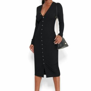 Bebe Women's Button Down Midi Dress, Size Medium in Black Polyester