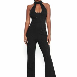 Bebe Women's All Over Crystal Jumpsuit, Size Small in Black Spandex/Viscose