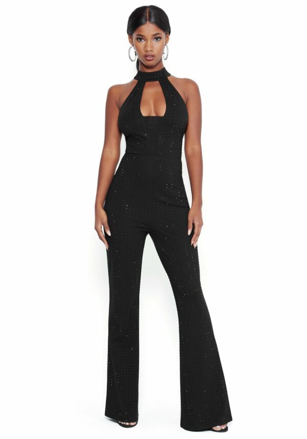 Bebe Women's All Over Crystal Jumpsuit, Size Small in Black Spandex/Viscose