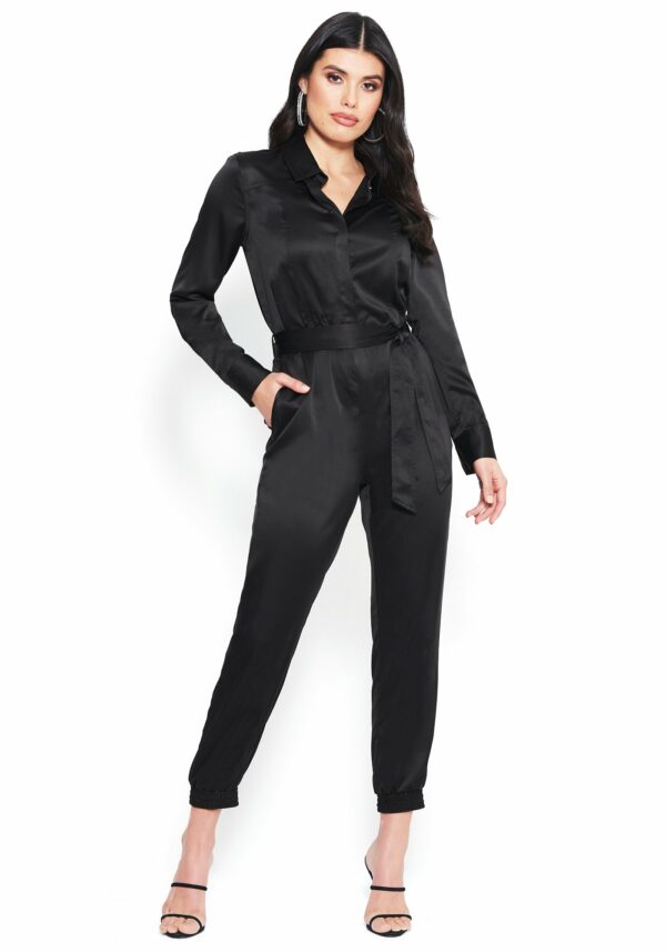 Bebe Women's Button Up Jumpsuit, Size Large in Black Spandex