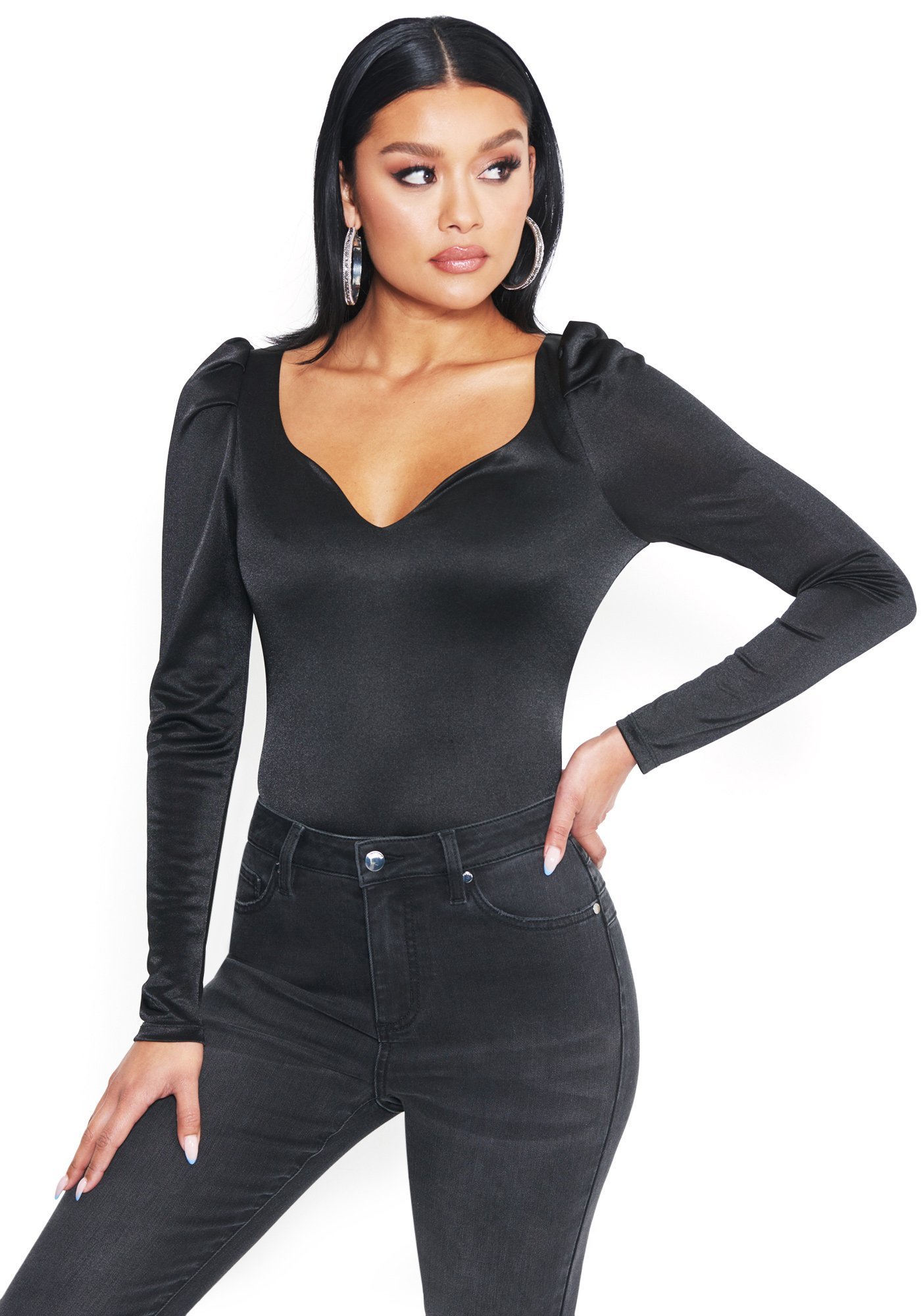 Bebe Women's Slinky Puff Shoulder Bodysuit, Size Large in Black