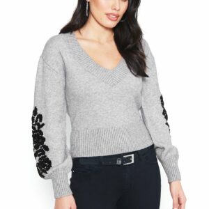 Bebe Women's Embroidered Chenille Sweater, Size Large in Heather Grey Nylon