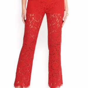 Bebe Women's Lace High Waist Pant, Size 4 in Barbados Cherry Cotton/Spandex