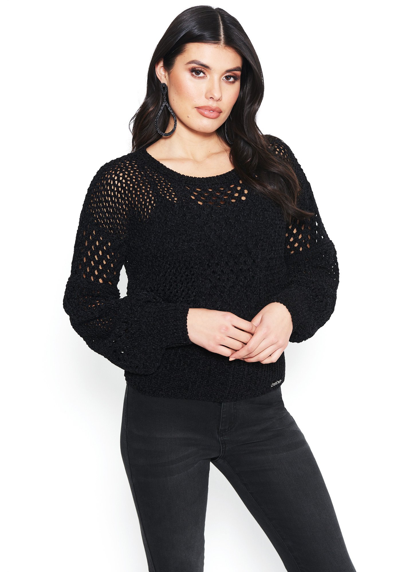 Bebe Women's Logo Chenille Sweater, Size Medium in Black