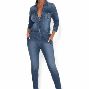 Bebe Women's Denim Zip Skinny Jumpsuit, Size 25 in Medium Blue Wash Cotton/Spandex