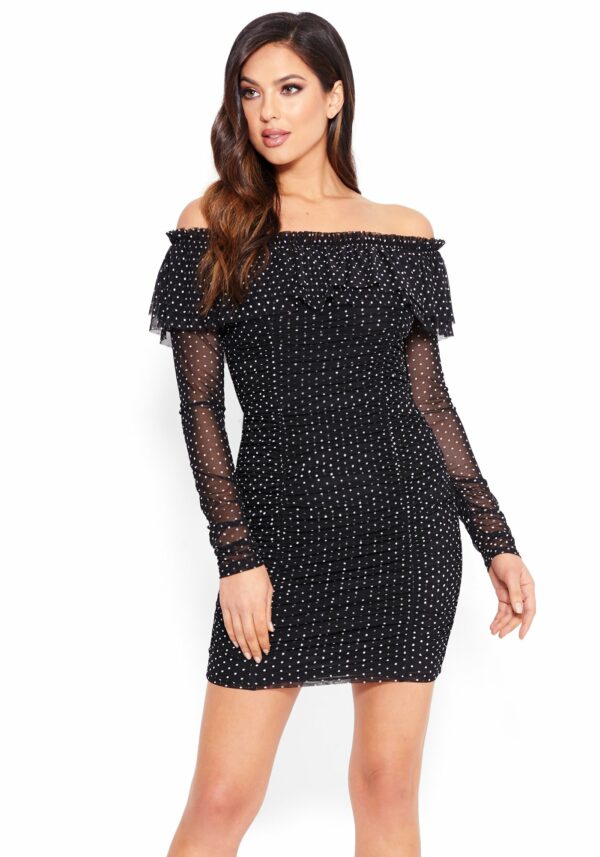 Bebe Women's Dotted Off Shoulder Dress, Size XS in Black/White Polkadot Spandex