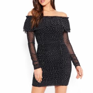Bebe Women's Dotted Off Shoulder Dress, Size XL in Black/White Polkadot Spandex