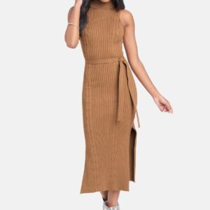 Bebe Women's Cable Midi Sweater Dress, Size Medium in Tobacco Brown Nylon