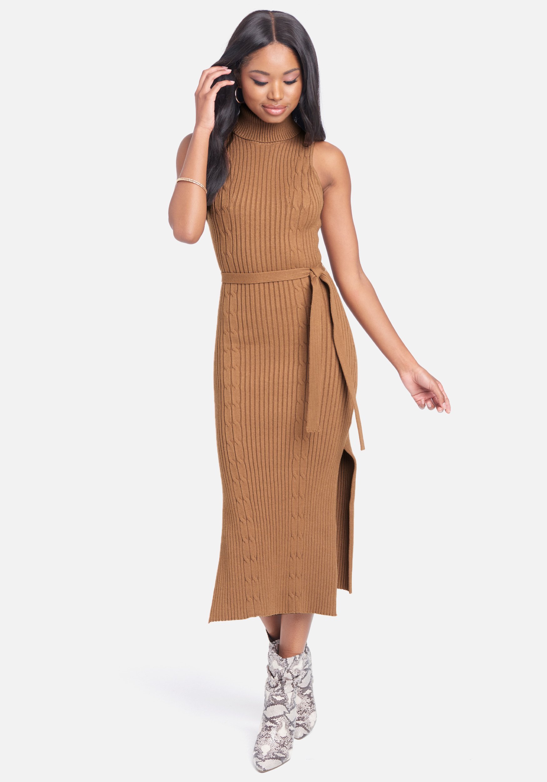 Bebe Women's Cable Midi Sweater Dress, Size Large in Tobacco Brown Nylon