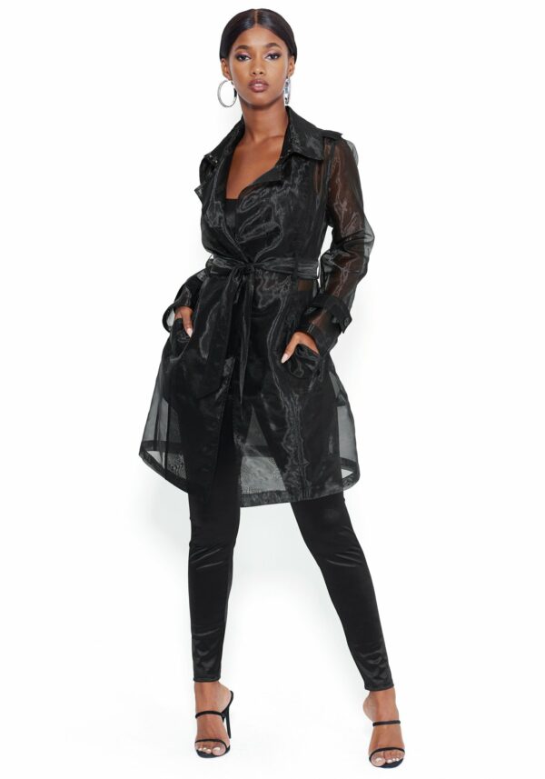 Bebe Women's Organza Belted Trench Coat, Size Large in Black