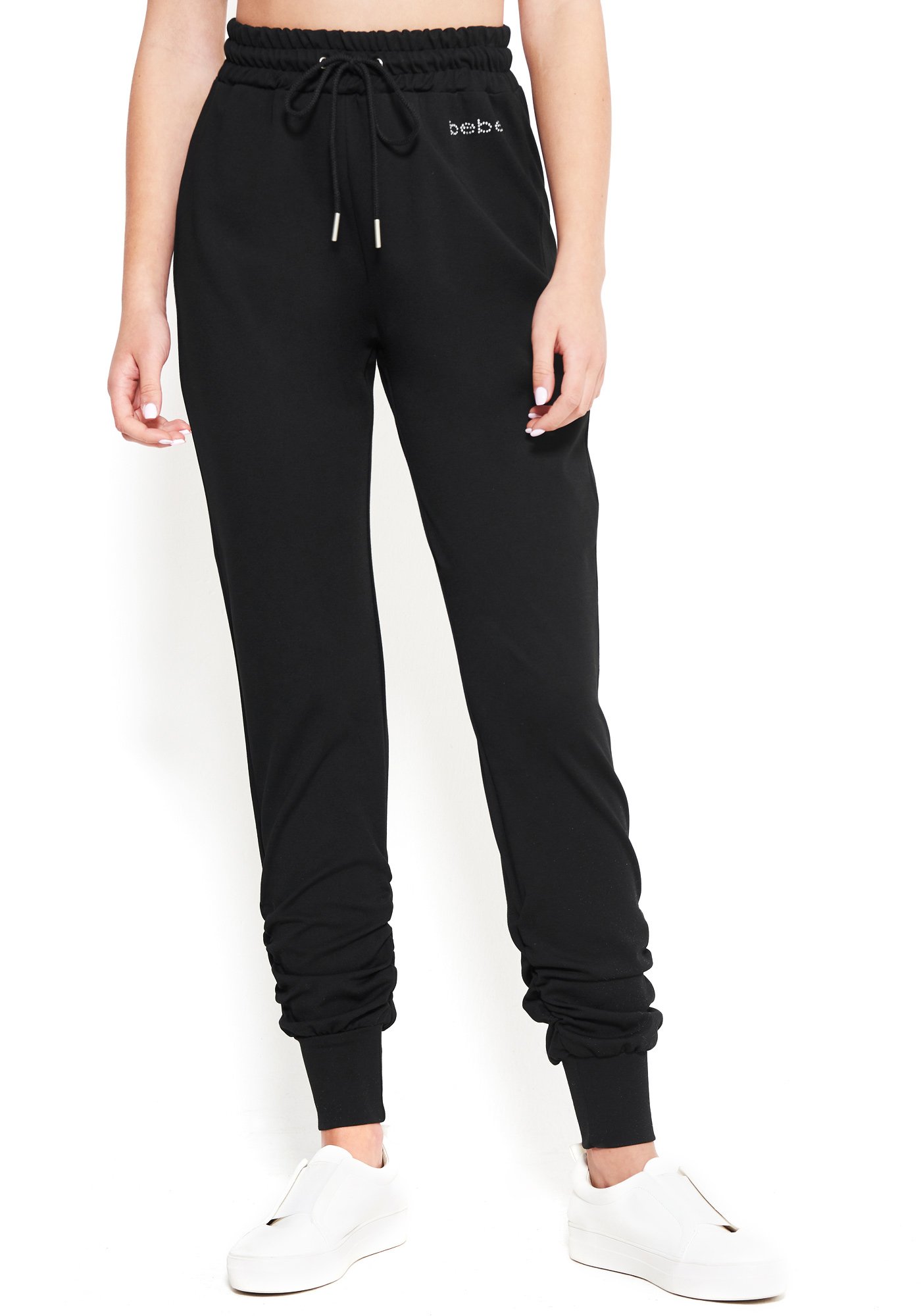 Bebe Women's Logo Ruched Leg Jogger Pant, Size XL in Black Spandex/Viscose