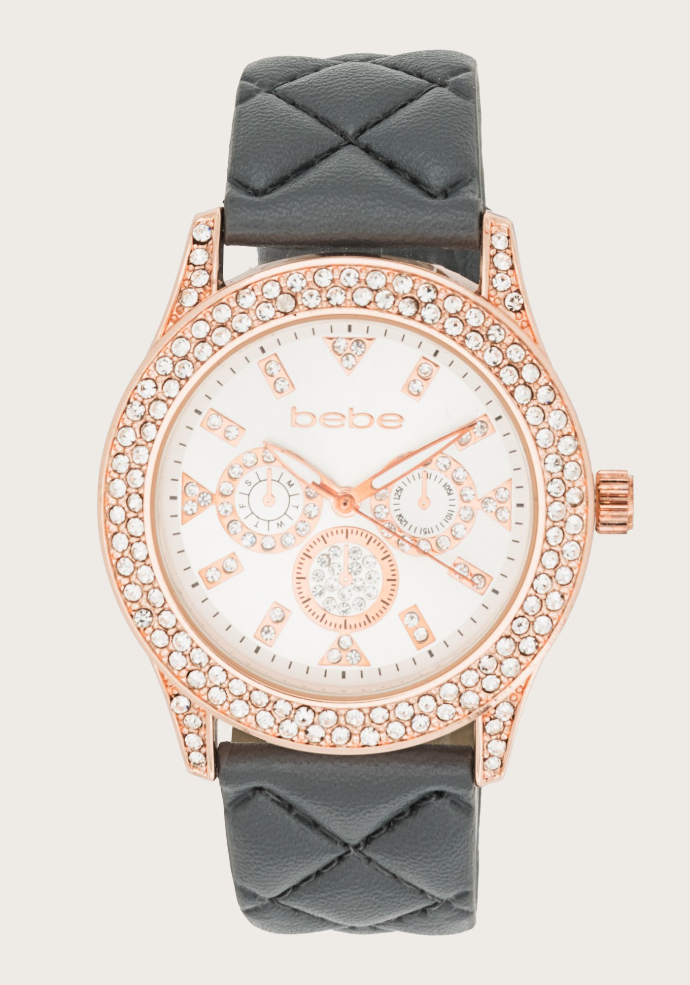 Bebe Women's Quilted Strap Crystal Watch Leather