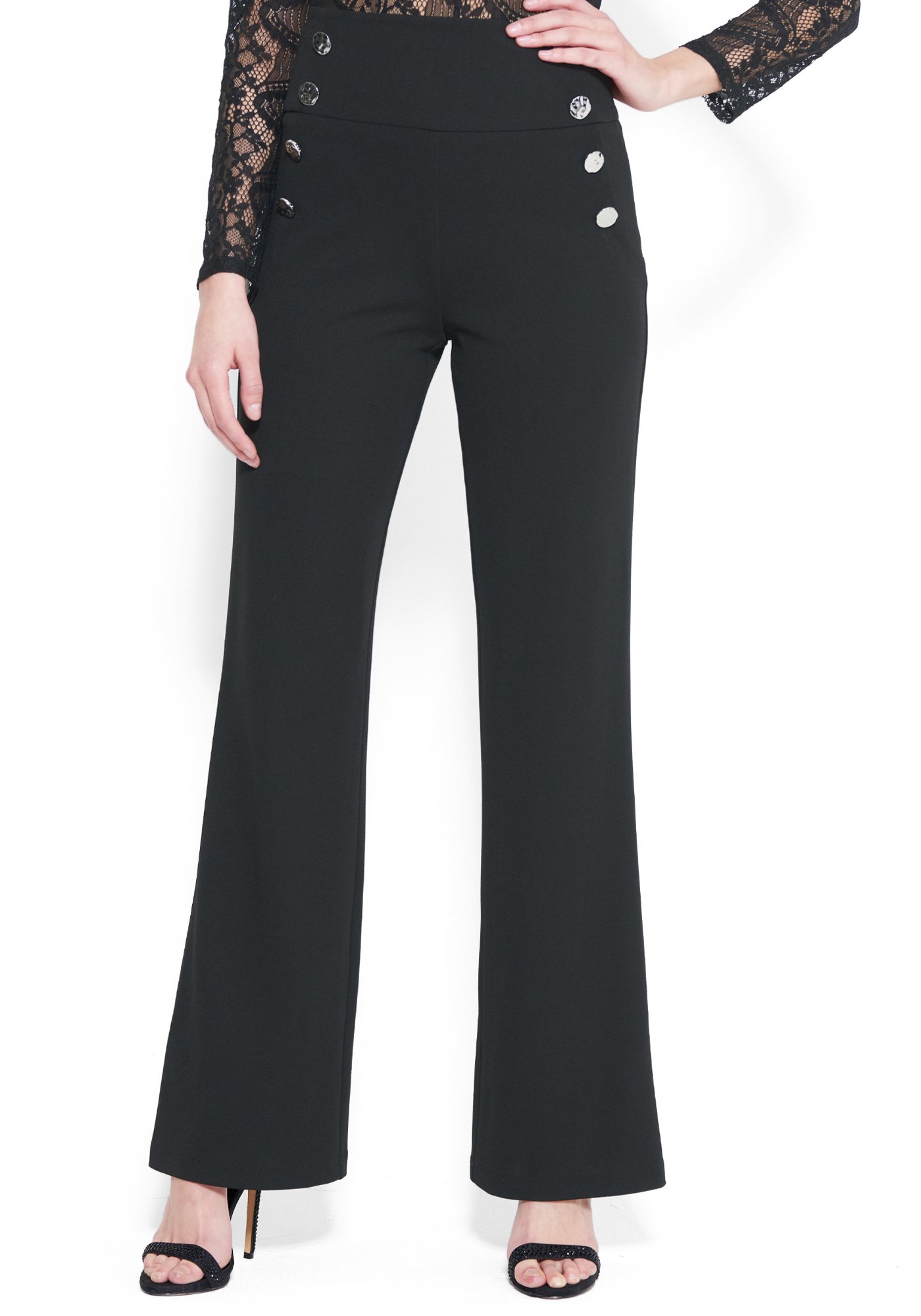 Bebe Women's High Waist Wide Leg Button Pant, Size 4 in BLACK Polyester