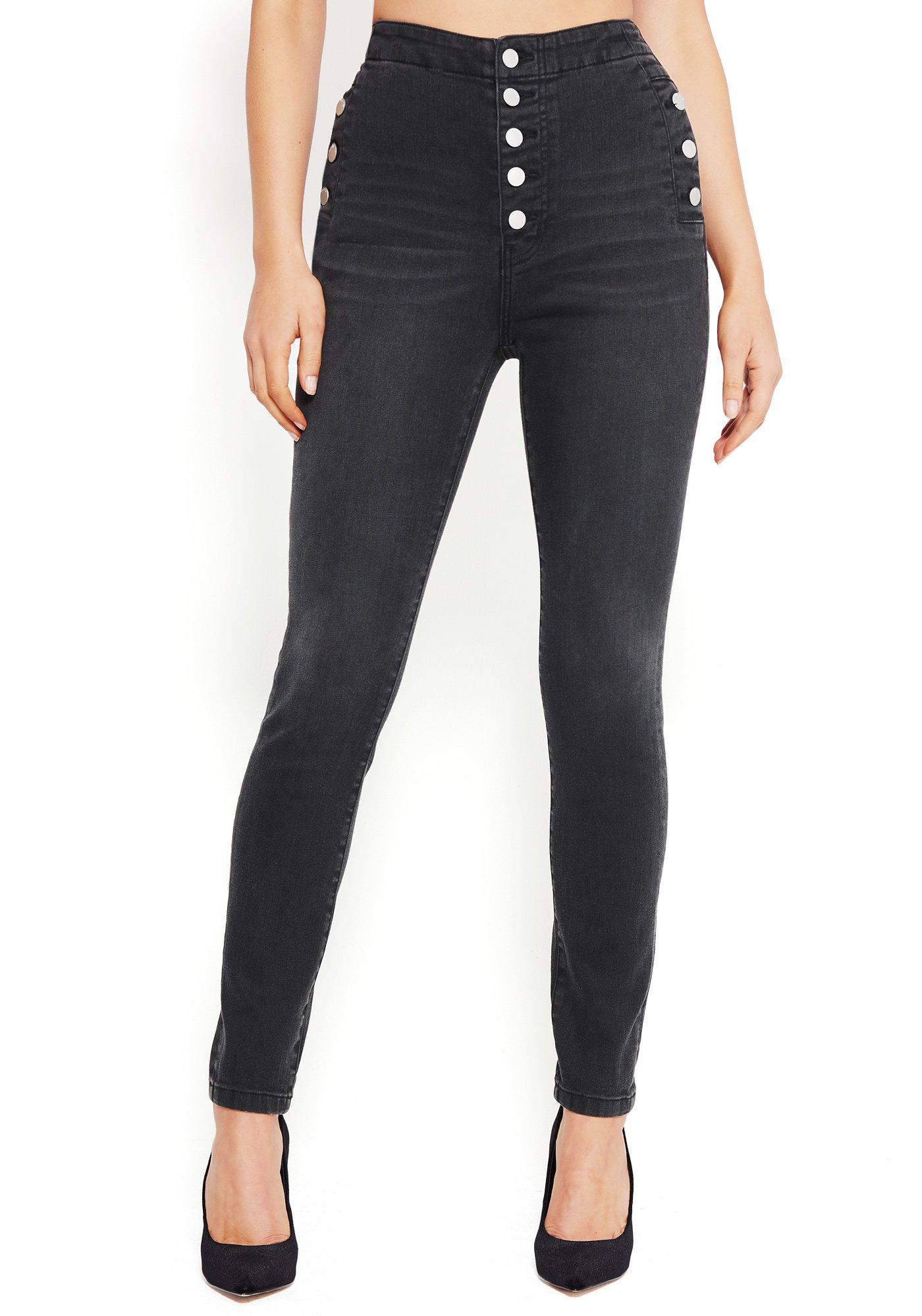 Bebe Women's Button Trim High Waist Jeans, Size 29 in Black Wash Cotton/Spandex