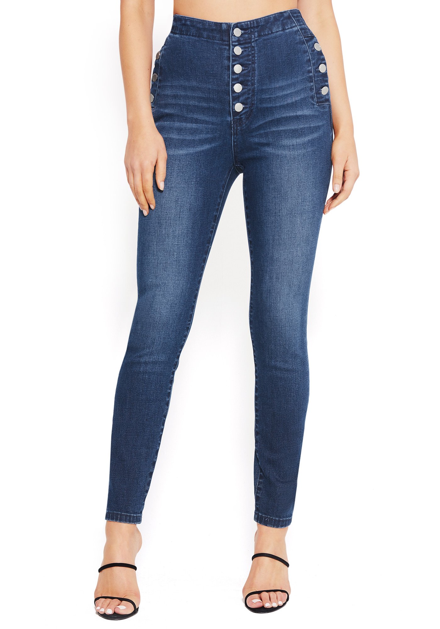 Bebe Women's Button Trim High Waist Jeans, Size 31 in Medium Wash Indigo Cotton/Spandex