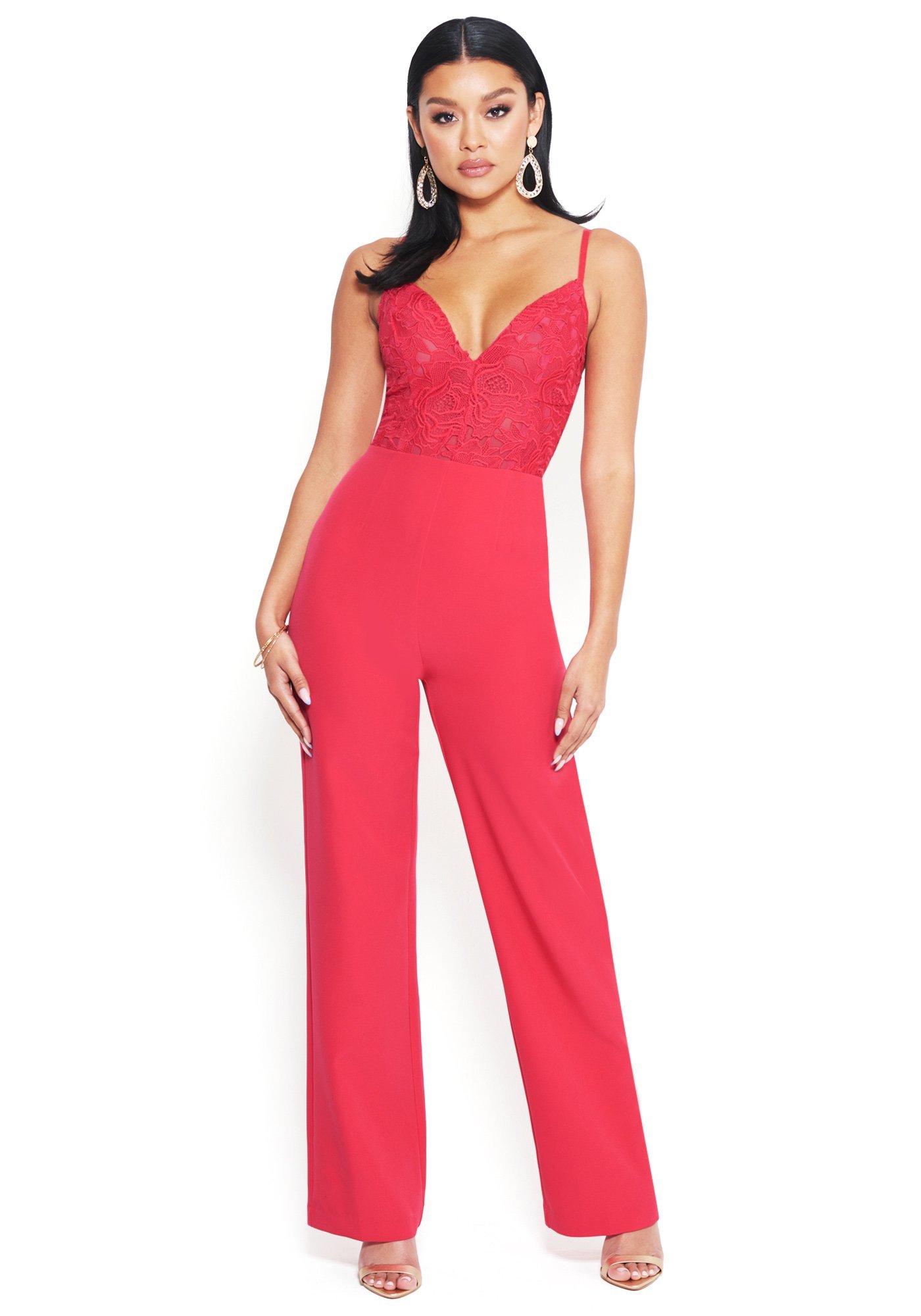 Bebe Women's Embroidered Lace Jumpsuit, Size 8 in Love Potion