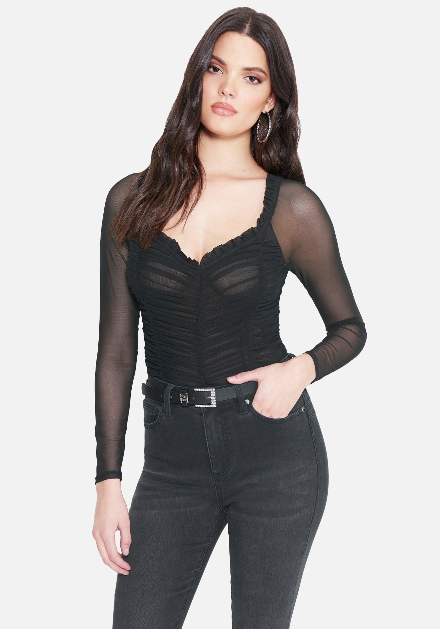 Bebe Women's All Over Ruched Mesh Bodysuit, Size Small in BLACK Spandex