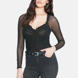 Bebe Women's All Over Ruched Mesh Bodysuit, Size Medium in BLACK Spandex