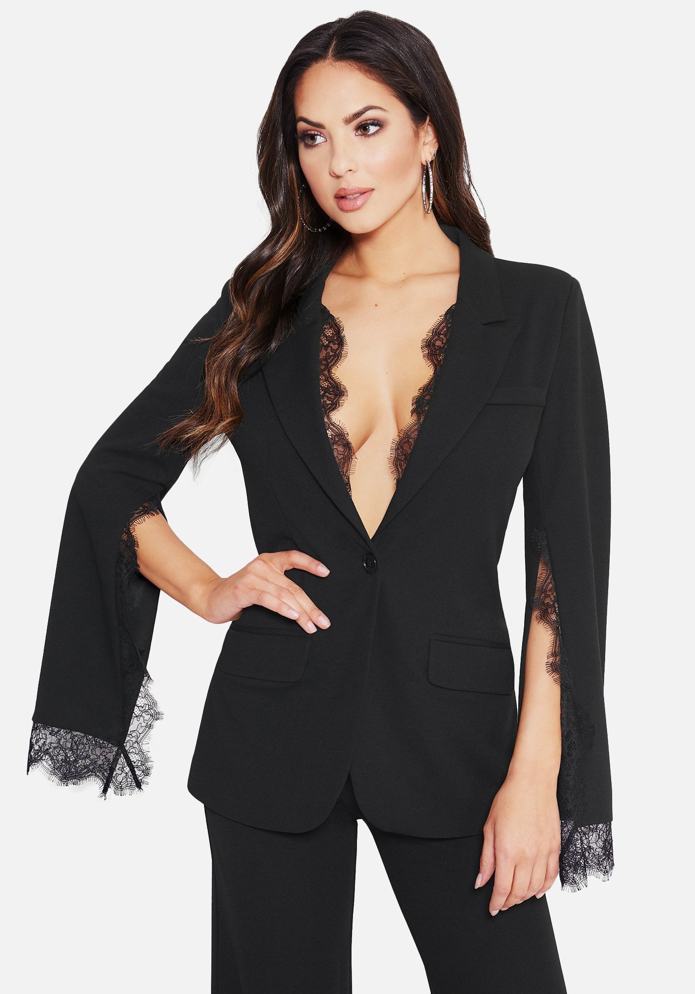 Bebe Women's Lace Detail Blazer Jacket, Size 0 in BLACK Polyester