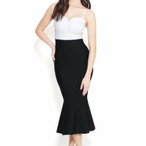 Bebe Women's Bustier Bandage Midi Flare Dress, Size Large in BLACK/WHITE Spandex