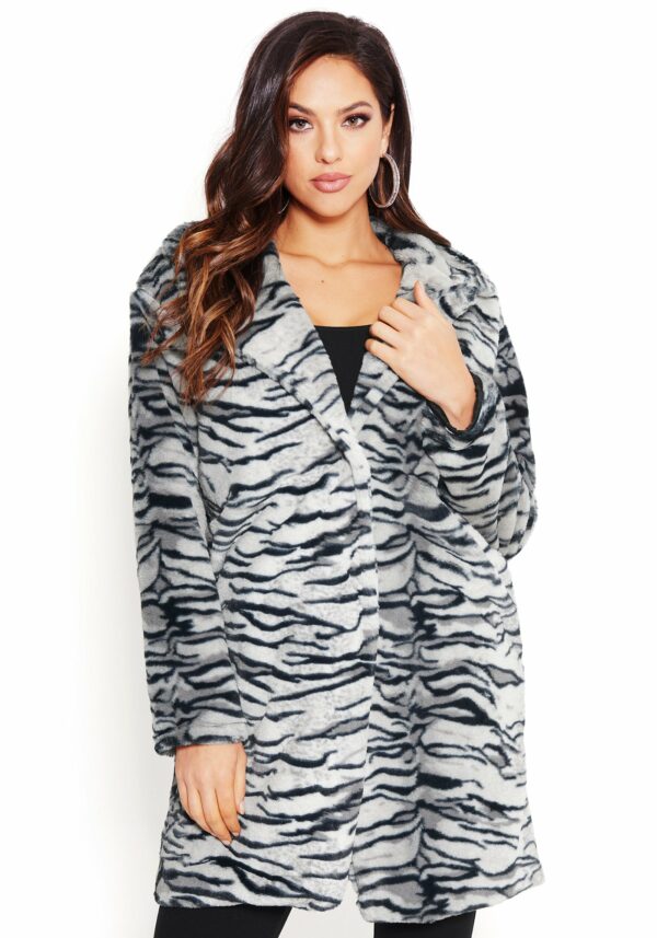 Bebe Women's Faux White Tiger Coat, Size Large in Black / White Polyester