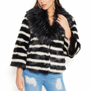 Bebe Women's Mixed Faux Fur Jacket, Size Large in Black / White Polyester