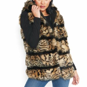 Bebe Women's Faux Fur Hoodie Vest, Size S/M in Leopard Polyester