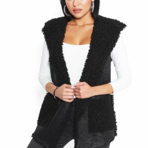 Bebe Women's Sherpa Hoodie Vest, Size Medium/Large in Black Polyester