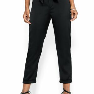 Bebe Women's Stretch Satin Bow Waist Trouser, Size 00 in BLACK Polyester